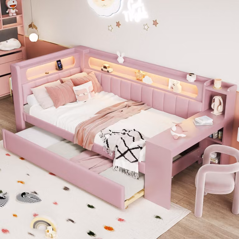STILVORA 90x200 divano letto con porte USB e cintura LED, daybed con letto estraibile e scrivania, daybed imbottito senza materasso, rosa