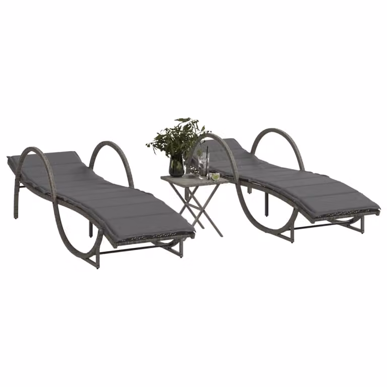 Set di 2 lettini prendisole con tavolino vidaXL in polyrattan grigio con cuscini impermeabili e poggiatesta regolabile