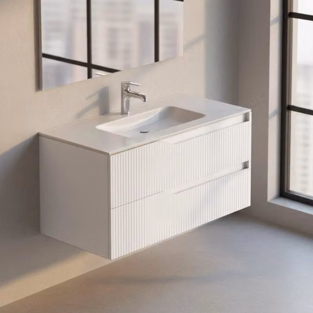 Mobile bagno sospeso Soho colore bianco opaco con cassetti effetto cannettato 100x45x50H