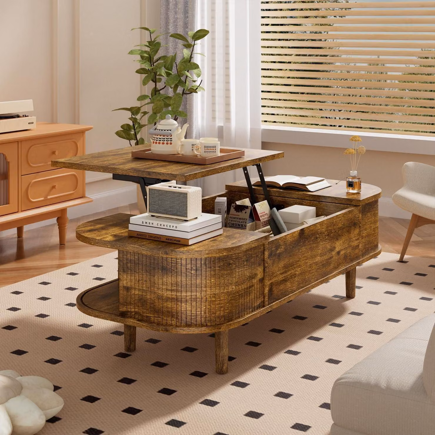 Tavolino con piano sollevabile, in legno, stile rustico, colore marrone, con vano portaoggetti e superficie di lavoro