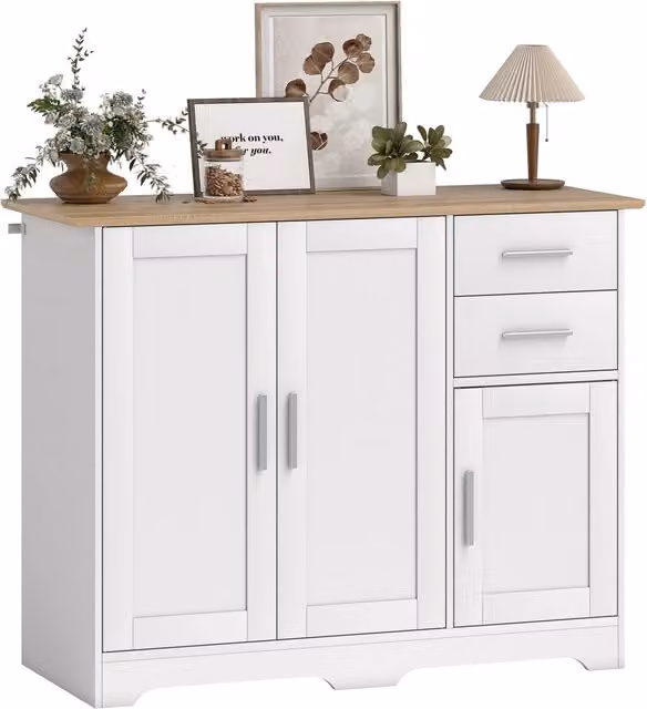 Cassettiera Minimal con ante e ripiani in stile moderno, bianco e legno naturale, L 100 x P 40 x H 78 cm