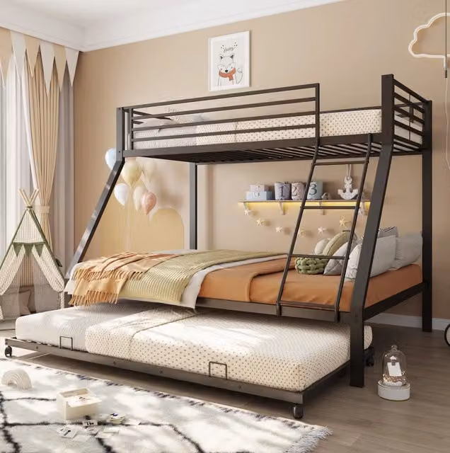 Letto a castello in metallo; 90x200 e 140x200 cm; con letto estraibile 90x190 cm; nero
