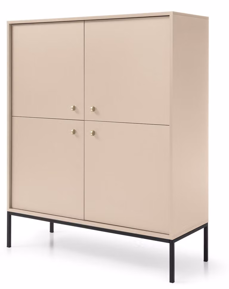 Comò a quattro ante, beige, maniglie nere, 104 x 39 x 126 cm