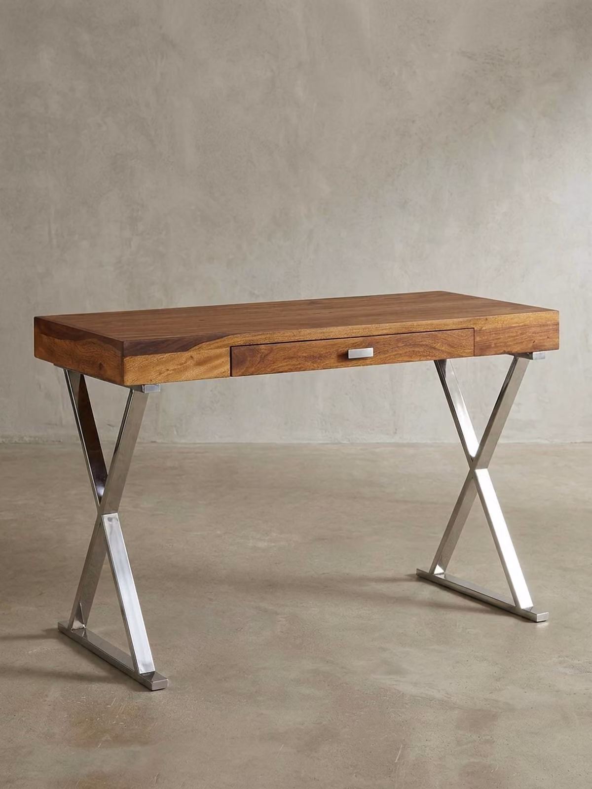 Scrivania massiccia in legno di sheesham con struttura metallica a forma di X. Argento, 120x55x78 cm | Kadima Design