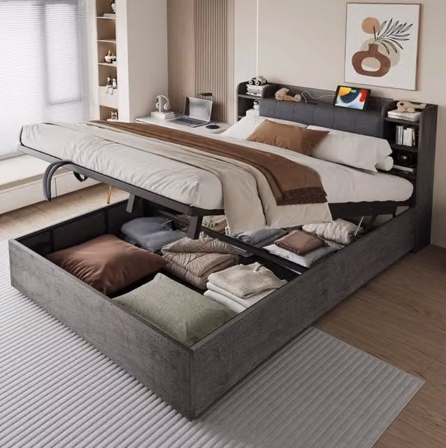 Letto multifunzione 180x200 cm con contenitore idraulico; USB e Type-C; grigio