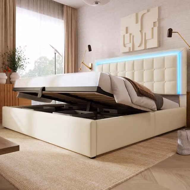 LETTO Contenitore con LED 160x200 cm PU Bianco con materasso incluso