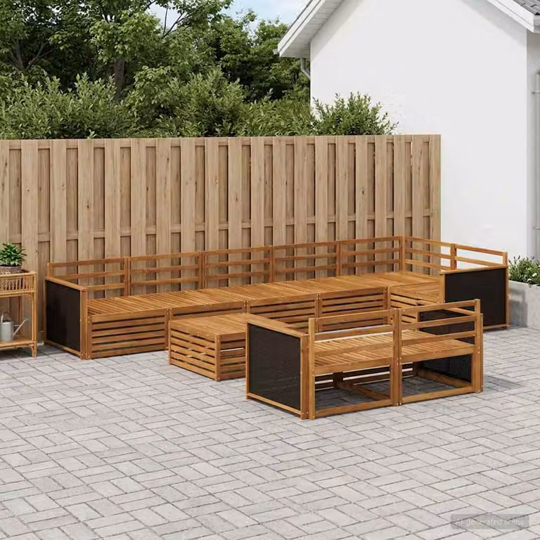 vidaXL Set di divani da esterno a forma di U in legno di acacia marrone con 9 pezzi e cuscini inclusi