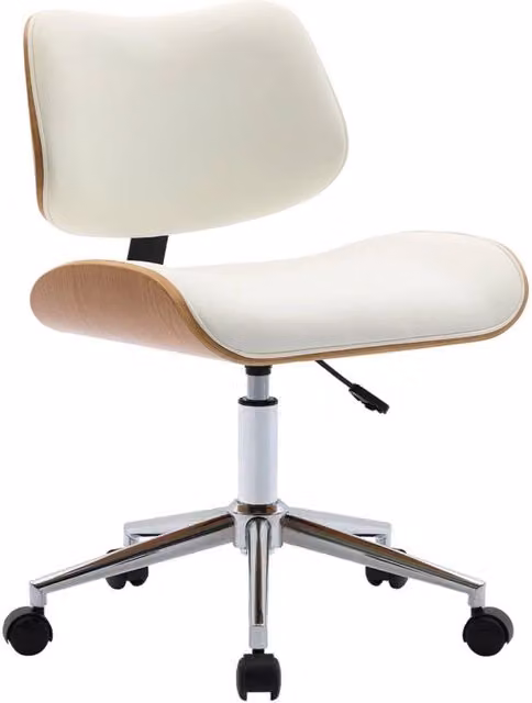 Sedia da ufficio Sweeek in similpelle bianca con effetto legno curvato e rotelle per home office moderno