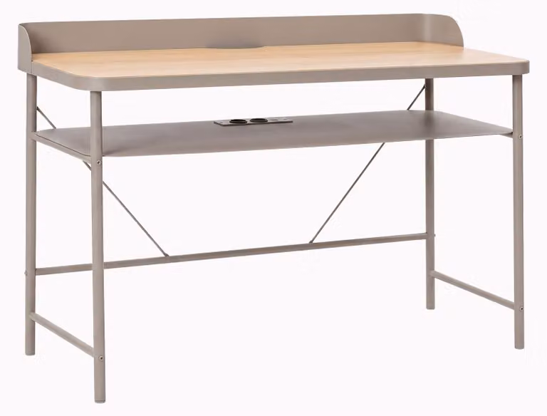 Hariyang - Scrivania da Ufficio 120x82,5x50 cm in Metallo con Prese USB Ripiano in Multistrato Rovere Tortora
