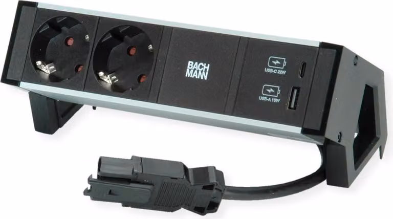 BACHMANN DESK2 ALU NERO 2xprotettivo USB, Caricatore USB 22W A&C 0,2m GST18