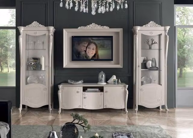 Parete attrezzata in legno di pino stile shabby chic bianco opaco Mobili 2G