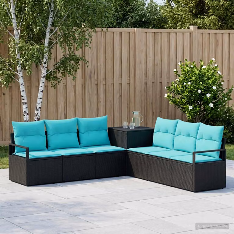 Set di divani da giardino vidaXL 7 pezzi in rattan sintetico e acciaio nero e blu con cuscini inclusi