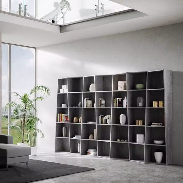 Libreria Trek Itamoby con 7 elementi, colore Cemento, H 200 cm x L 317 cm x P 35 cm