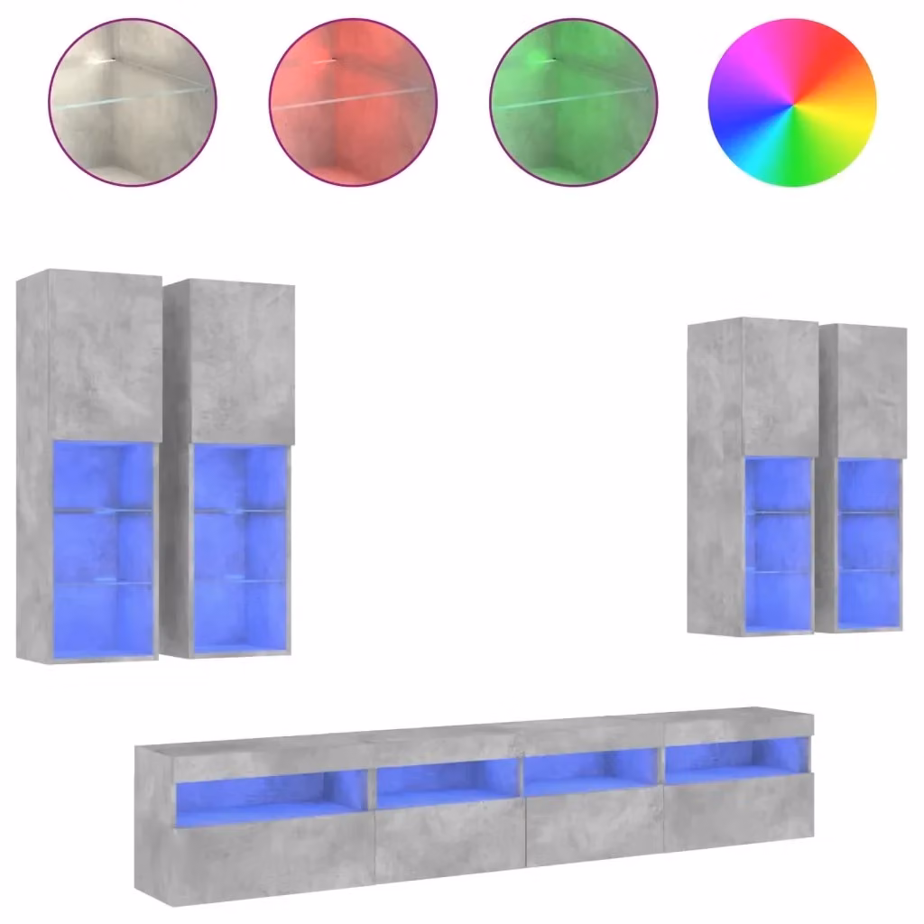 Set di mobili TV da parete vidaXL in 7 pezzi con luci LED integrate, design moderno in legno, colore grigio cemento opaco – 2