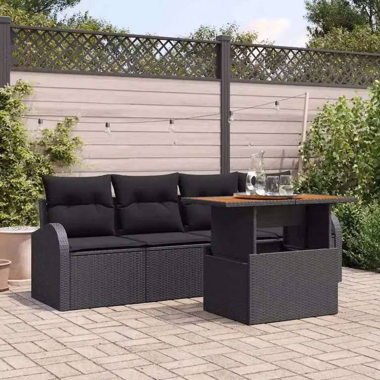 Set Divano da Giardino vidaXL 5 Pezzi Moderno in Rattan con Cuscini e Contenitore, Nero e Beige