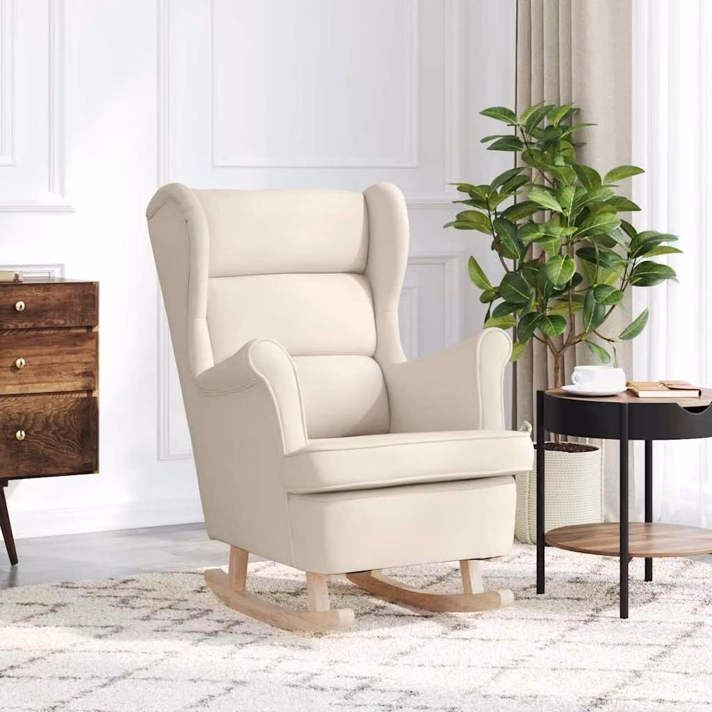 Sedia a dondolo vidaXL in lino e legno di gomma, colore bianco/beige, L 74 cm x P 90 cm x H 102 cm