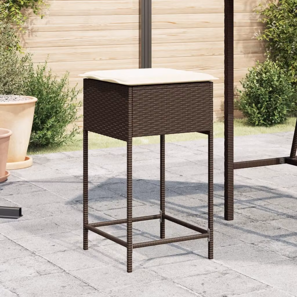 Set di 2 sgabelli da bar vidaXL in polyrattan marrone con cuscini bianchi rimovibili