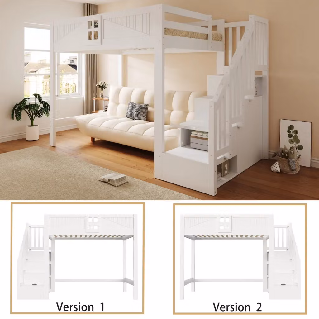 Letto a castello REDOM in legno massello bianco con scala a gradini e vani laterali L/P/H: 252.5 x 140 x 160 cm – 2