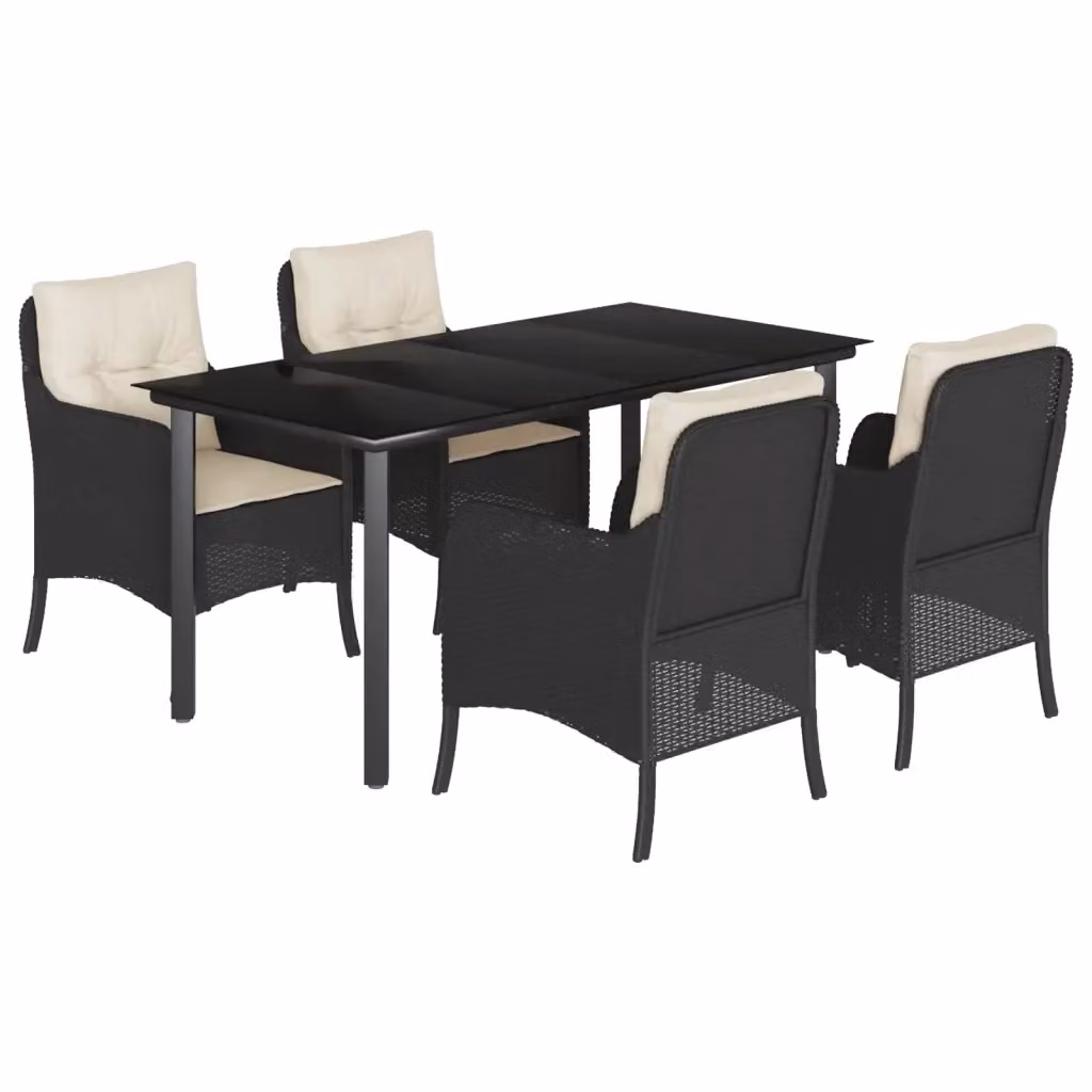 Set da Pranzo da Giardino vidaXL in Polyrattan Nero con Cuscini e Tavolo in Vetro – 2