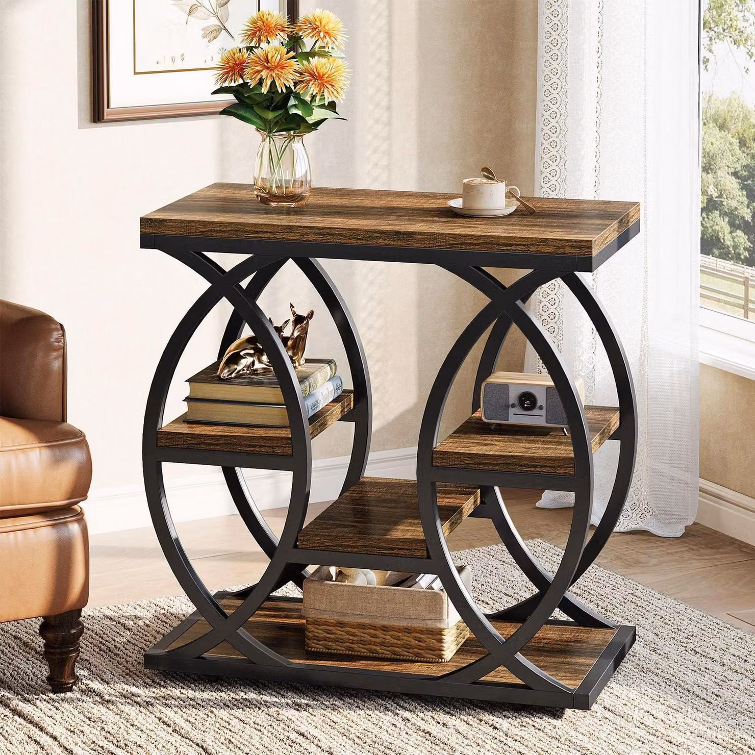 Tavolino laterale con 4 ripiani, stile industriale, colore marrone, realizzato in legno e metallo, dimensioni 23,6 x 11,8 x 23,6 cm