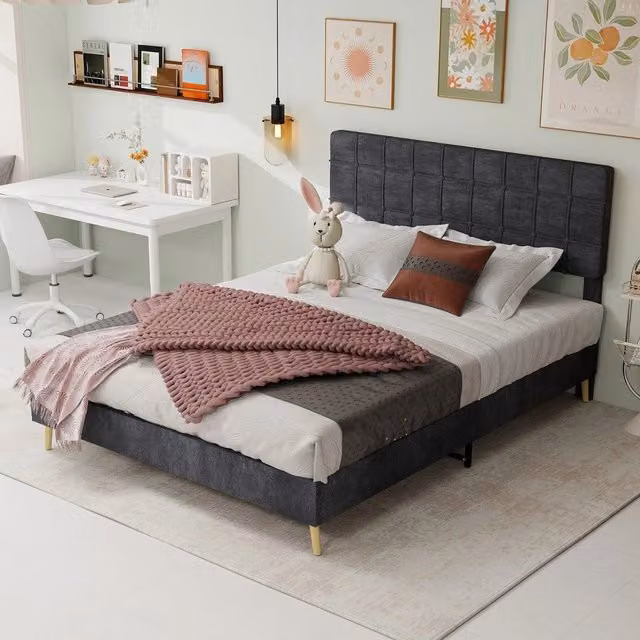 Letto Matrimoniale Imbottito ¨C MINIMAL ¨C Grigio, Testiera Velluto, 160x200