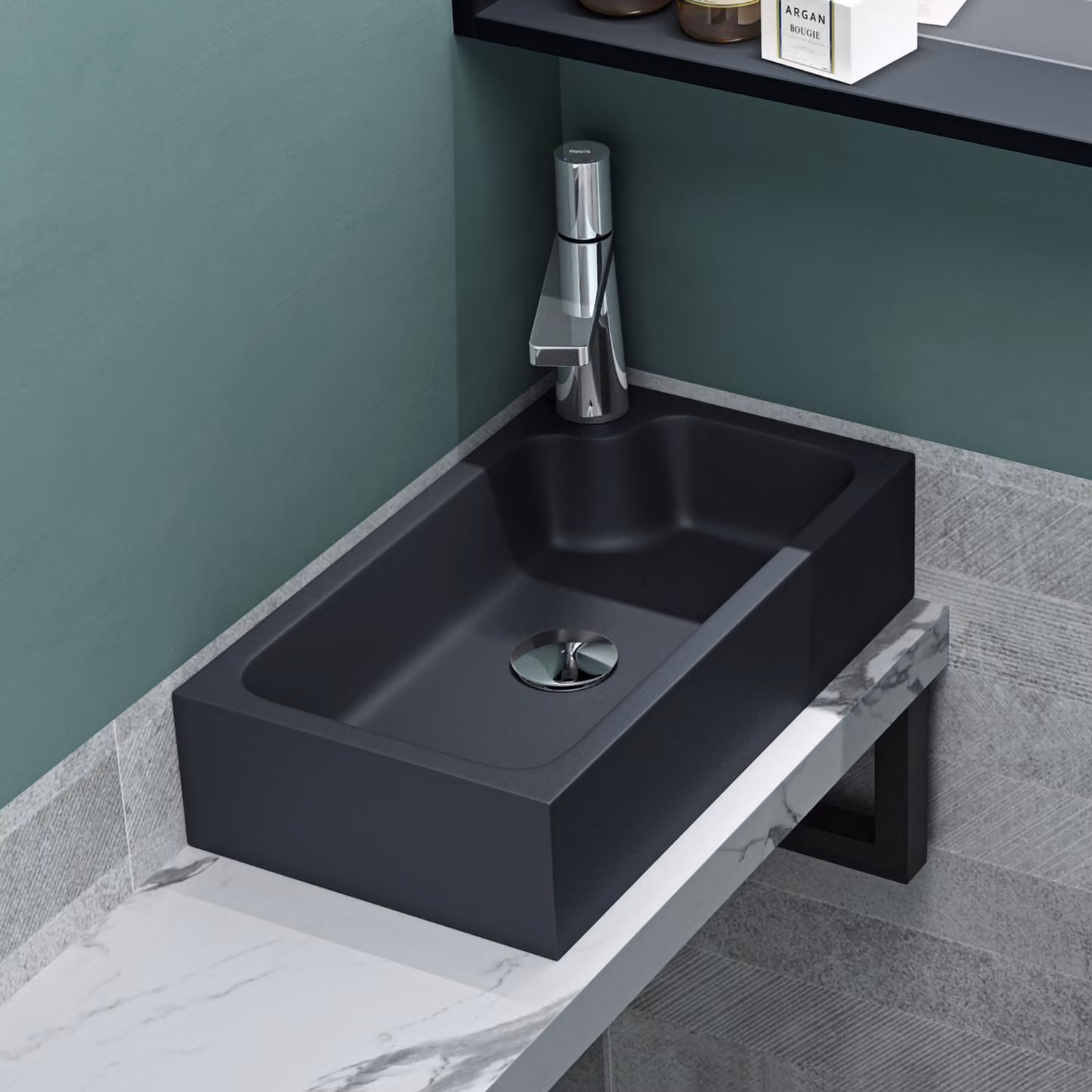 Lavabo da appoggio, 46x26x11 cm, in resina minerale opaca, colore antracite, forma quadrata