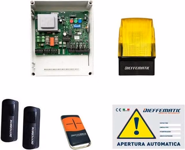 Kit di avvio per cancello a due ante Dieffematic con 2 motori 230V 220V, scheda di comando e accessori multicolore