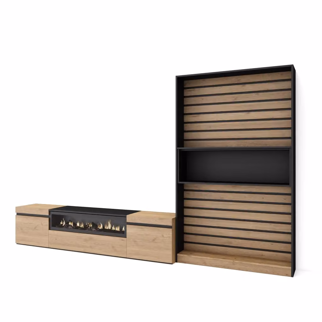 Mobile TV per soggiorno Skraut Home con camino elettrico, per TV fino a 80 pollici, colore Rovere e nero, L: 310 cm, P: 35 cm, H: 186 cm – 2