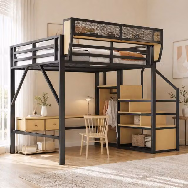 Letto a soppalco ULEVR 140x200 cm in metallo e MDF, con scala di sicurezza e ripiano regolabile, nero