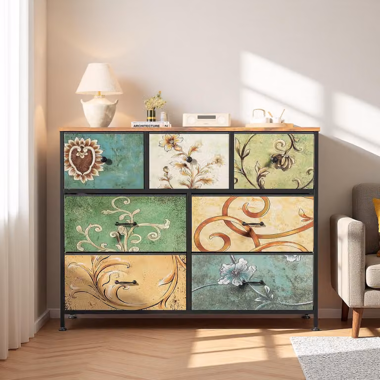 Comodino INONEFT con 7 cassetti, mobile contenitore retro' con piano in legno, cassetti in tessuto e struttura in metallo, adatto per camera da letto o soggiorno, dimensioni 30x78x100 cm