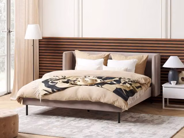 Letto Beliani moderno in velluto beige con rete a doghe arcuate L/P/H: 215 x 160 x 95 cm
