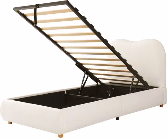 Letto singolo imbottito per bambini 90x200 cm con contenitore idraulico, rete a doghe, testiera imbottita in bouclé beige