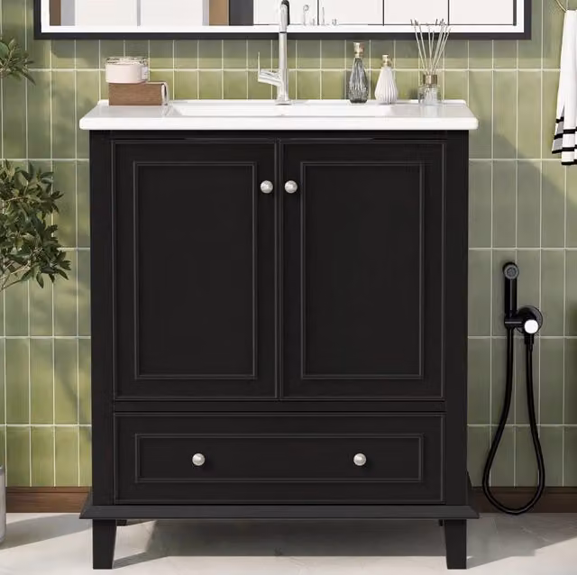 Mobile bagno con lavabo in ceramica integrato; 2 ante; 1 cassetto; MDF; nero