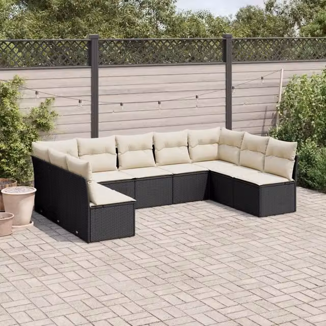 Set Divani da Giardino 9 pz con Cuscini Nero in Polyrattan 3249905