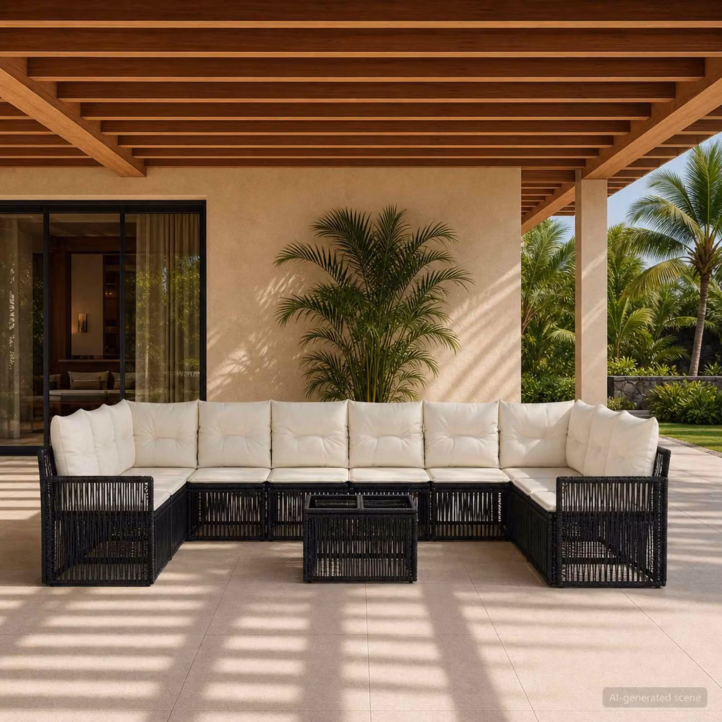 Set Divano da Giardino vidaXL 11 Pezzi a Forma di U con Tavolino, Colore Nero e Bianco Crema, Struttura in Metallo e Polyrattan con Cuscini Inclusi