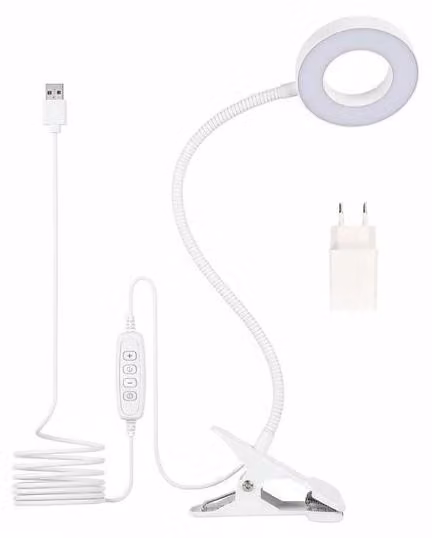 Lampada a clip a LED - Lampada da lavoro che non affatica la vista - 48 LED - Regolabile - 3 livelli di intensità - Collo flessibile - Caricatore USB incluso - Per leggere, disegnare e cucire - Luce bianca