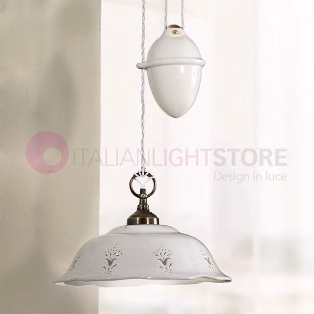 RIPARBELLA Lampadario Saliscendi in Ceramica e Ottone Rustico Country