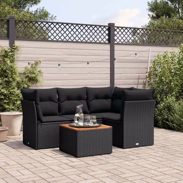 vidaXL Set Divani da Giardino a L 5 pz in Polyrattan Nero con Cuscini e Tavolino da Esterno