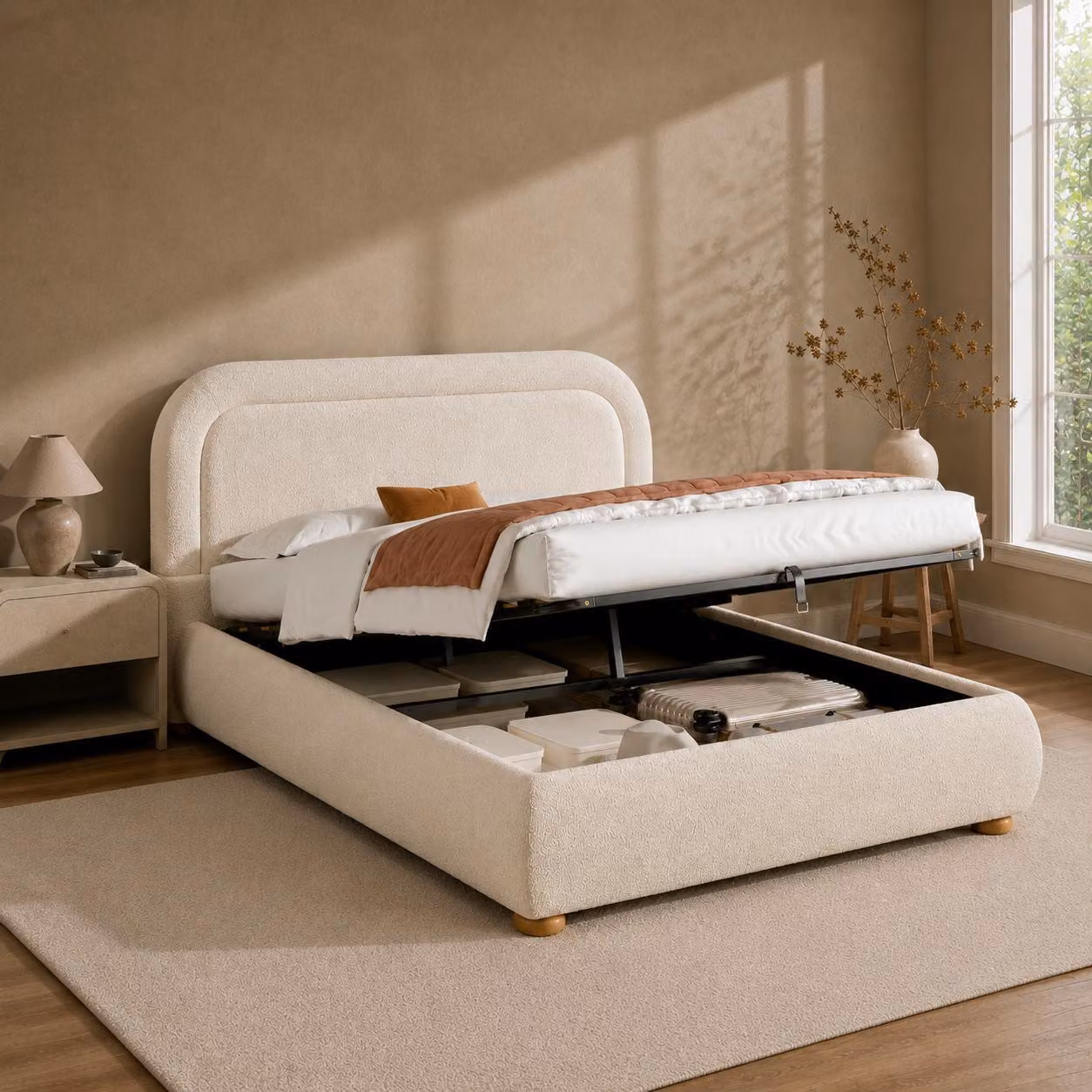 Letto imbottito 140 x 200 cm con spazio contenitore a sollevamento idraulico, rivestito in tessuto bouclé, con testiera imbottita e rete a listelli, design arrotondato, color beige