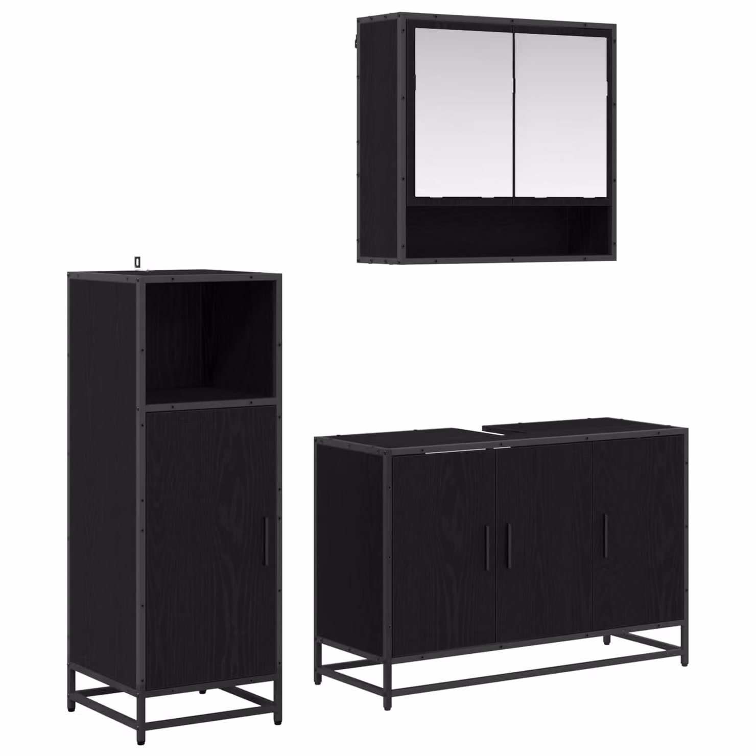 Set di mobili per il bagno vidaXL 3 pezzi in rovere e nero con armadietto specchio, mobile lavabo e mobile laterale L/P/H: 90 x 33 x 60 cm