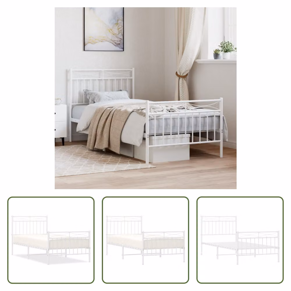 The Living Store Struttura letto con testiera e pediera in metallo bianco 90x200 cm