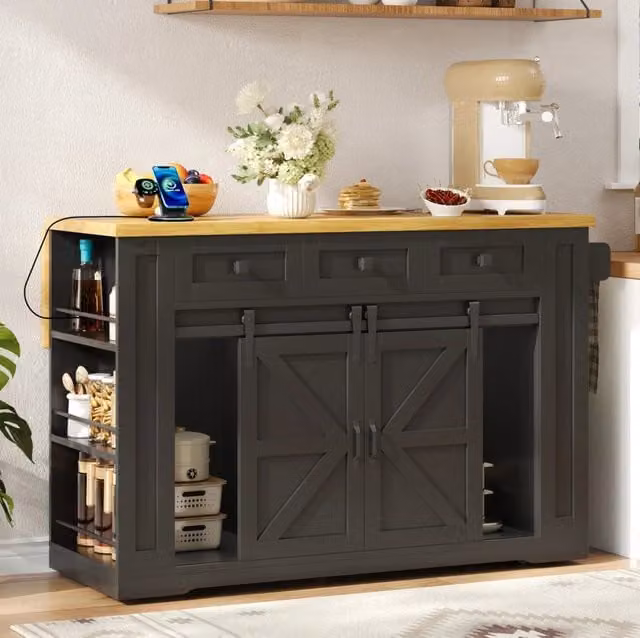 Isola da cucina mobile con piano ribaltabile 130x50(80)x87 cm in MDF nero e naturale