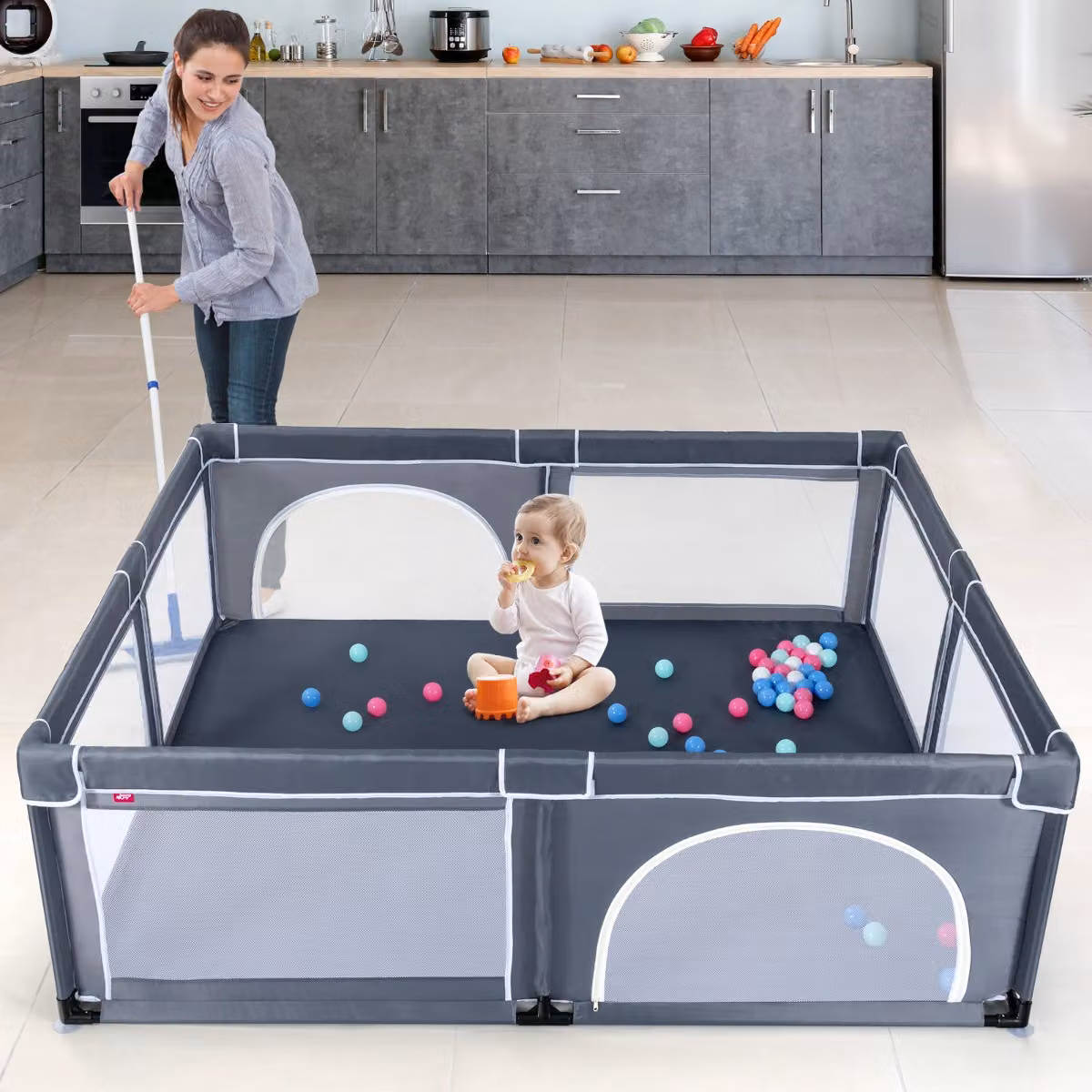 Centro attività portatile Costway con cancelli di sicurezza per bambini, Grigio scuro, L: 206 cm, P: 185,5 cm, H: 68 cm