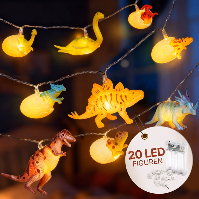 Lampada notturna a forma di dinosauro, con 12 luci a LED, lunghezza 3 metri, timer, alimentazione a batteria, luce bianco caldo