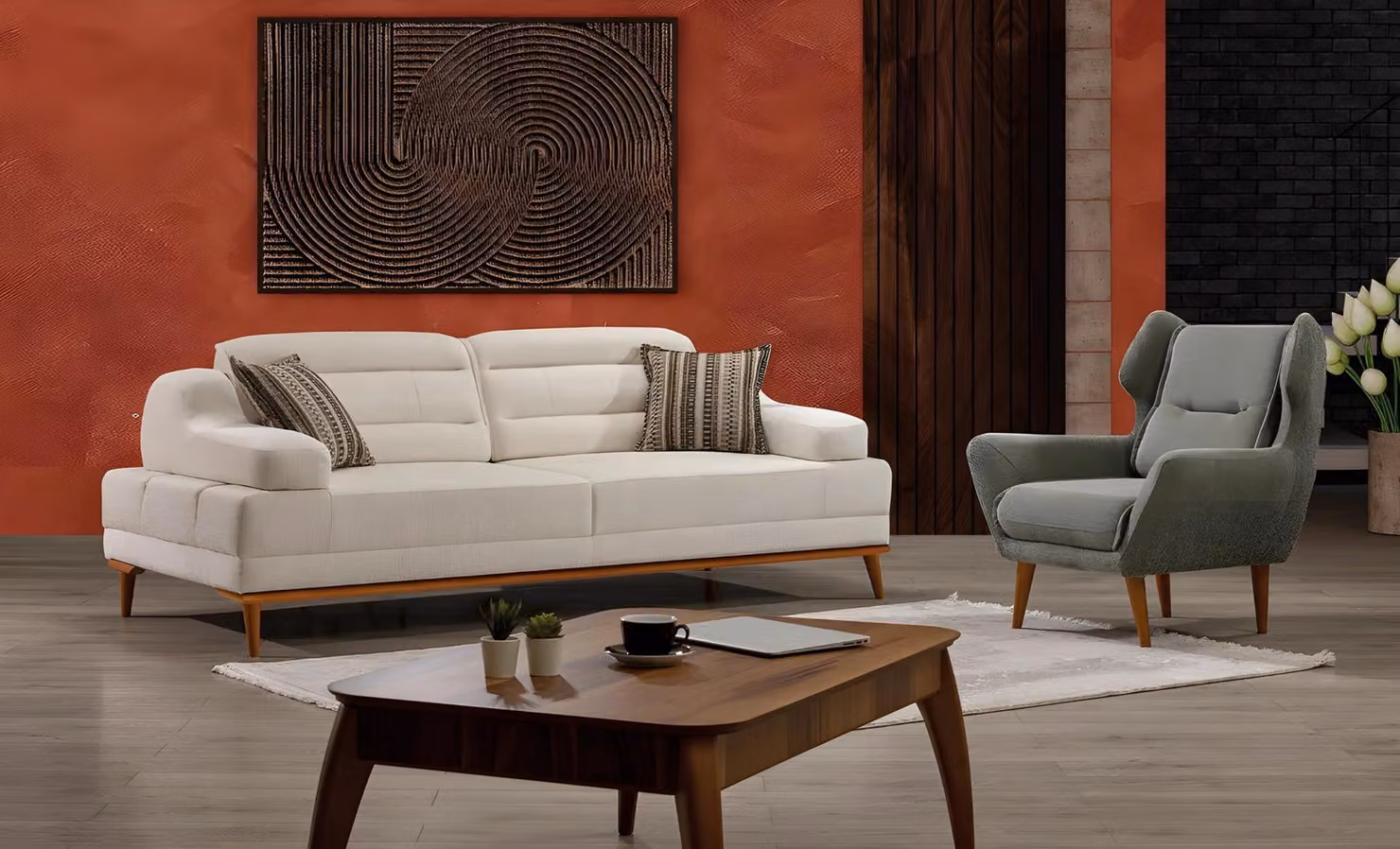 Moderne weiße Stoffsofa- und Sessel-Garnitur aus Holz
