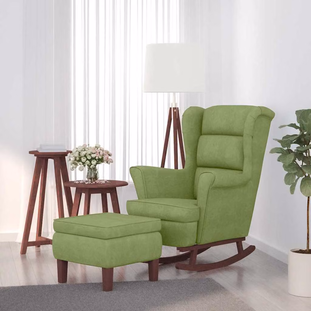 vidaXL Sedia a dondolo con schienale alto in velluto verde chiaro e pouf incluso – 1