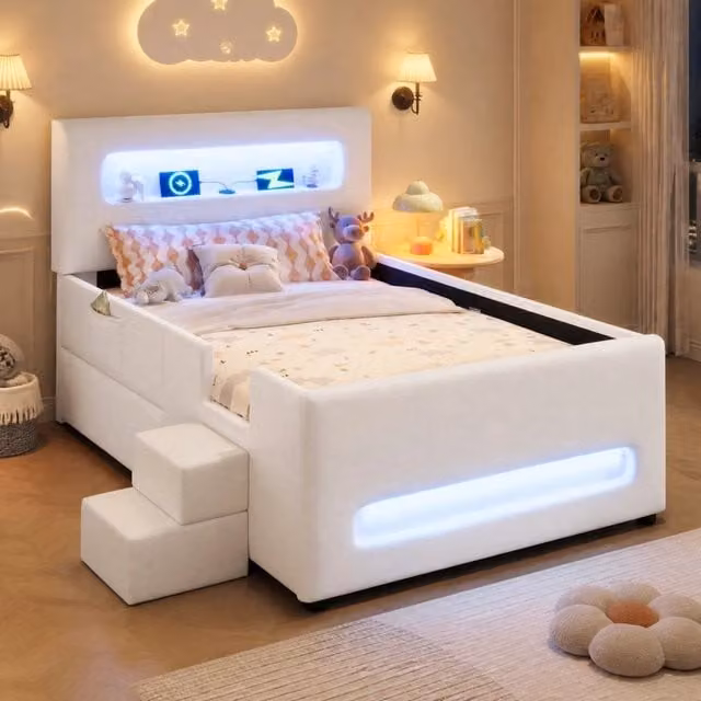 Letto moderno REDOM con cassetto e illuminazione LED in ecopelle bianca, L/P/H: 90 x 200 x 218 cm