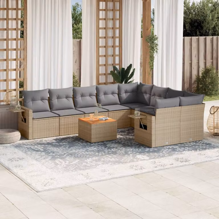 vidaXL Set Divano da Giardino 10 pz a Forma a L in Polyrattan con Cuscini Beige e Grigio