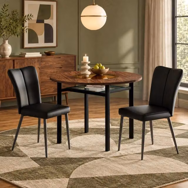Set da pranzo Mivray moderno con tavolo rotondo in vetro e MDF effetto legno marrone e 2 sedie con seduta nera – 1