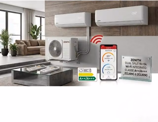 Climatizzatore Dual Split Zenith 9000+9000 BTU Inverter con Pompa di Calore 4,2kW Classe A+++ Bianco con Wi-Fi Integrato e Controllo via App